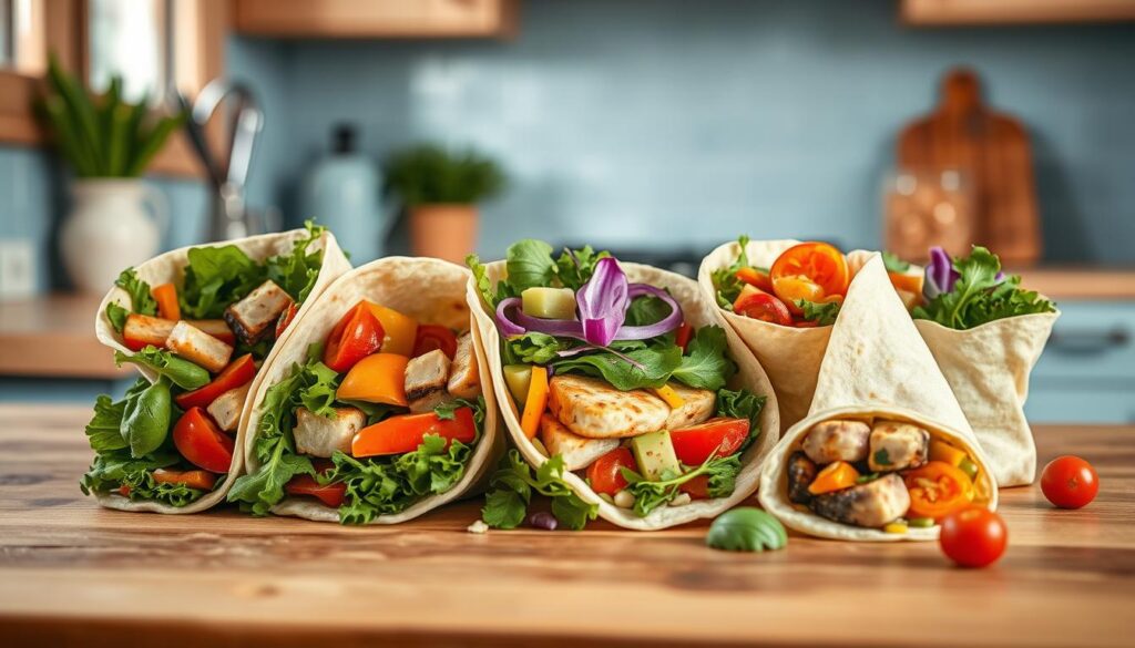 A cozy, minimal kitchen with warm wooden textures and light blue accents sets the stage for a delightful array of global lunch wraps. Vibrant vegetables spill out of freshly-prepared tortillas, each one a flavor journey unto itself. Fragrant spices and tangy sauces mingle, inviting the senses to experience the diversity of international cuisines. Soft, pliable wraps cradle tender proteins, layered with crisp greens and bursts of color. The perfect balance of textures and tastes, these portable global delights beckon to be savored, capturing the spirit of embracing cold lunch with a worldly flair.