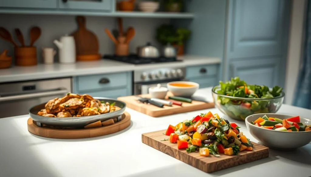 A cozy, minimal kitchen with warm wooden textures and light blue accents sets the stage for a culinary adventure. In the foreground, an array of repurposed dishes - a savory stir-fry featuring leftover grilled chicken, a hearty vegetable soup simmering on the stove, and a vibrant salad showcasing a colorful medley of chopped veggies. In the middle ground, a neatly arranged cutting board displays an assortment of fresh herbs, spices, and a few unexpected ingredients, suggesting the creative possibilities of transforming leftovers. The overall lighting is soft and natural, casting a welcoming glow and inviting the viewer to explore these innovative, waste-reducing recipes.