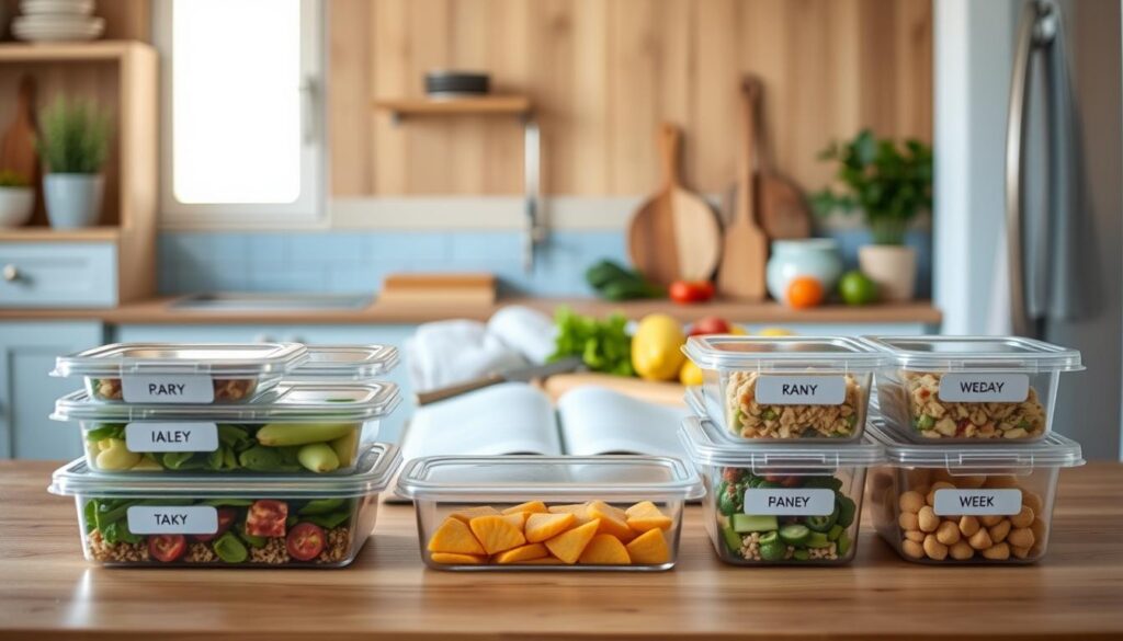 A cozy, minimal kitchen with warm wooden textures and light blue accents sets the stage for a visual exploration of meal prep planning benefits. In the foreground, a neatly organized collection of meal-prepped containers, each labeled with the day of the week, showcases the efficiency and convenience of this practice. The middle ground features a open cookbook, a sharp knife, and various fresh ingredients, hinting at the culinary skills and meal variety that meal prep can unlock. In the background, a calm, soothing atmosphere envelops the scene, conveying the peace of mind and stress-reduction that come with a well-planned, organized approach to mealtime.