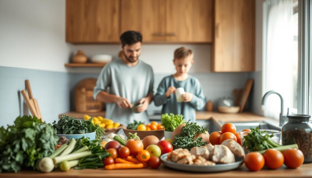 A cozy, minimal kitchen with warm wooden textures and light blue accents sets the stage for a family meal prep scene. In the foreground, various fresh ingredients like vegetables, herbs, and proteins are neatly arranged on the countertop, ready to be chopped and combined. In the middle ground, a parent and child stand side by side, collaboratively measuring, mixing, and tasting the dishes they are preparing. The tranquil atmosphere is accentuated by soft, natural lighting that gently illuminates the scene, creating a sense of comfort and togetherness. This intimate, hands-on family activity reflects the joy and efficiency of adapting meal prep for busy lifestyles.