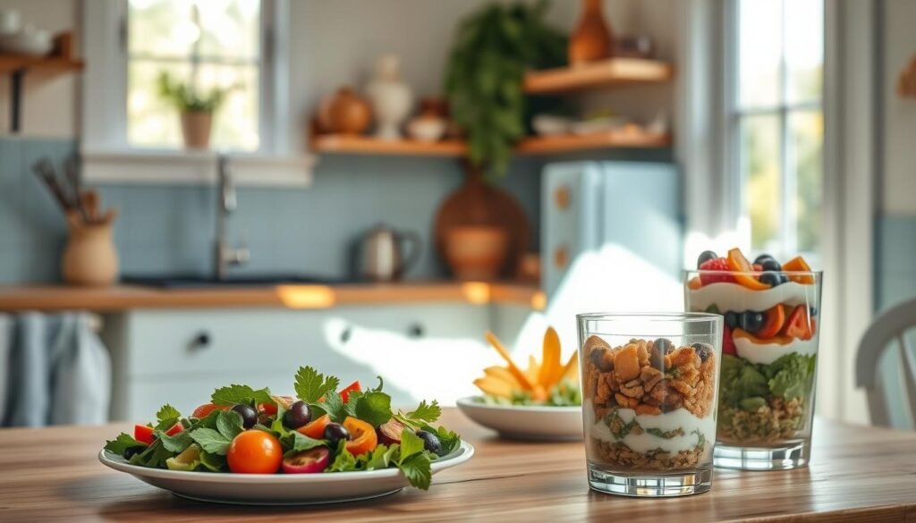A cozy, minimal kitchen with warm wooden textures and light blue accents sets the stage for an array of creative cold lunch recipes. In the foreground, an assortment of vibrant, freshly-prepared dishes beckon - a crisp green salad with colorful vegetables, a hearty grain bowl with roasted root vegetables, and a refreshing fruit parfait with layers of yogurt and seasonal berries. Sunlight streams in through the windows, casting a soft, natural glow over the scene. The atmosphere is one of simplicity, nourishment, and a touch of whimsy, inviting the viewer to explore and savor these imaginative cold lunch options.