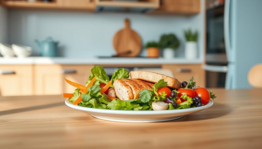 A cozy, minimal kitchen with warm wooden textures and light blue accents showcases a strategically planned dinner plate. Fresh vegetables, lean protein, and measured portions create a visually appealing, calorie-controlled meal. The neutral tones and clean design evoke a sense of balance and discipline, reflecting the careful approach to mealtime. Soft, natural lighting illuminates the scene, casting gentle shadows and highlighting the meal's composition. The overall atmosphere conveys a sense of intentionality and mindfulness around nutrition and weight management.