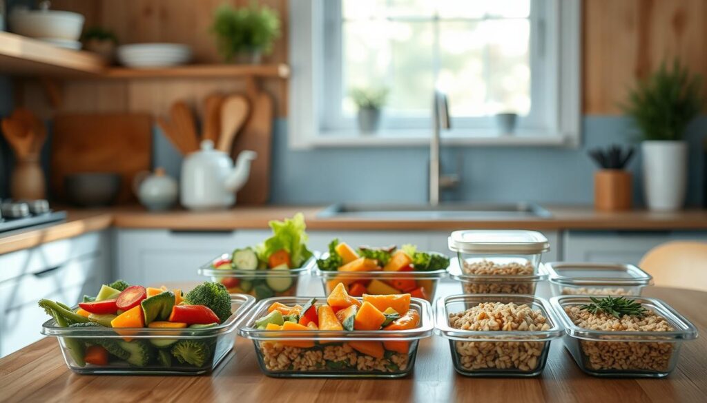 A cozy, minimal kitchen with warm wooden textures and light blue accents showcases a thoughtfully prepared budget meal. A variety of colorful vegetables, lean protein, and whole grains are carefully portioned in reusable glass containers, creating a visually appealing and nutritious spread. The soft, diffused lighting casts a gentle glow, emphasizing the simple yet flavorful nature of the dishes. The absence of hands highlights the effortless preparation, encouraging the viewer to imagine themselves enjoying this budget-friendly, global-inspired feast.