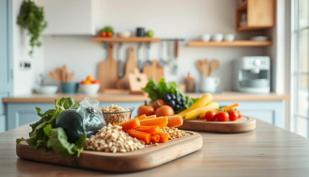 A cozy, minimal kitchen with warm wooden textures and light blue accents showcases a step-by-step guide to meal prep. In the foreground, colorful vegetables, grains, and proteins are neatly arranged on a wooden cutting board, hinting at the nutritious meals to come. The middle ground features a range of kitchen utensils, from sharp knives to sturdy mixing bowls, suggesting the care and precision required for successful meal preparation. In the background, a clean, bright space with ample natural light creates an inviting atmosphere, allowing the viewer to imagine themselves effortlessly navigating the meal prep process.