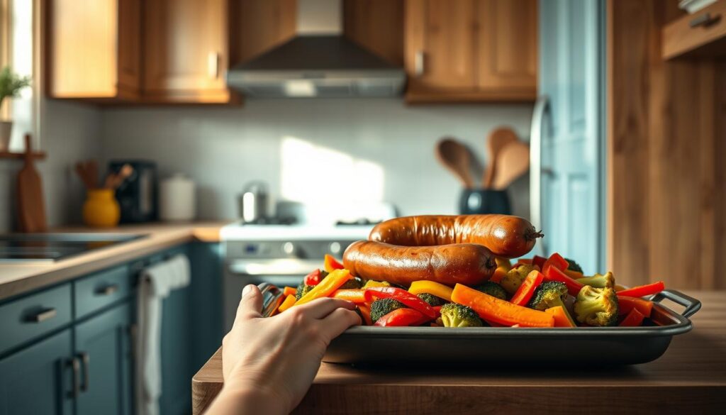A cozy, minimal kitchen with warm wooden textures and light blue accents showcases a neatly arranged one-pan meal. Vibrant vegetables - carrots, broccoli, and bell peppers - are beautifully roasted, filling the space with an inviting aroma. A succulent sausage sits atop the colorful mix, highlighting the effortless convenience of this all-in-one dish. Soft, natural lighting illuminates the scene, conveying a sense of simplicity and comfort. The absence of hands emphasizes the ready-to-serve nature of this quick and nutritious meal, perfect for a hassle-free dinner.