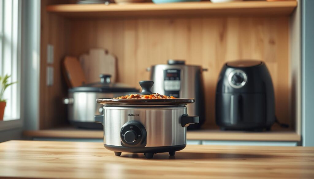 A cozy, minimal kitchen with warm wooden textures and light blue accents showcases a variety of alternative cooking methods. In the foreground, a slow cooker simmers a hearty stew, its rich aroma filling the air. On the counter, a multicooker stands ready to handle a range of dishes, from tender meats to fluffy grains. In the background, a compact air fryer rests, its sleek design a testament to its versatility. The soft, natural lighting creates a welcoming atmosphere, inviting the viewer to explore the possibilities of these efficient, time-saving cooking tools.