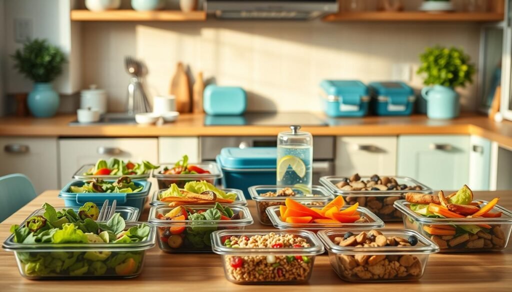 A cozy, minimal kitchen with warm wooden textures and light blue accents showcases a visually appealing spread of freshly prepared work meals. In the foreground, a variety of neatly arranged containers hold vibrant salads, hearty grain bowls, and colorful roasted vegetables. The middle ground features a selection of reusable utensils, stylish lunchboxes, and a small glass of refreshing infused water. The background is softly lit, creating a calming atmosphere that invites the viewer to imagine enjoying a nourishing and visually pleasing midday meal.