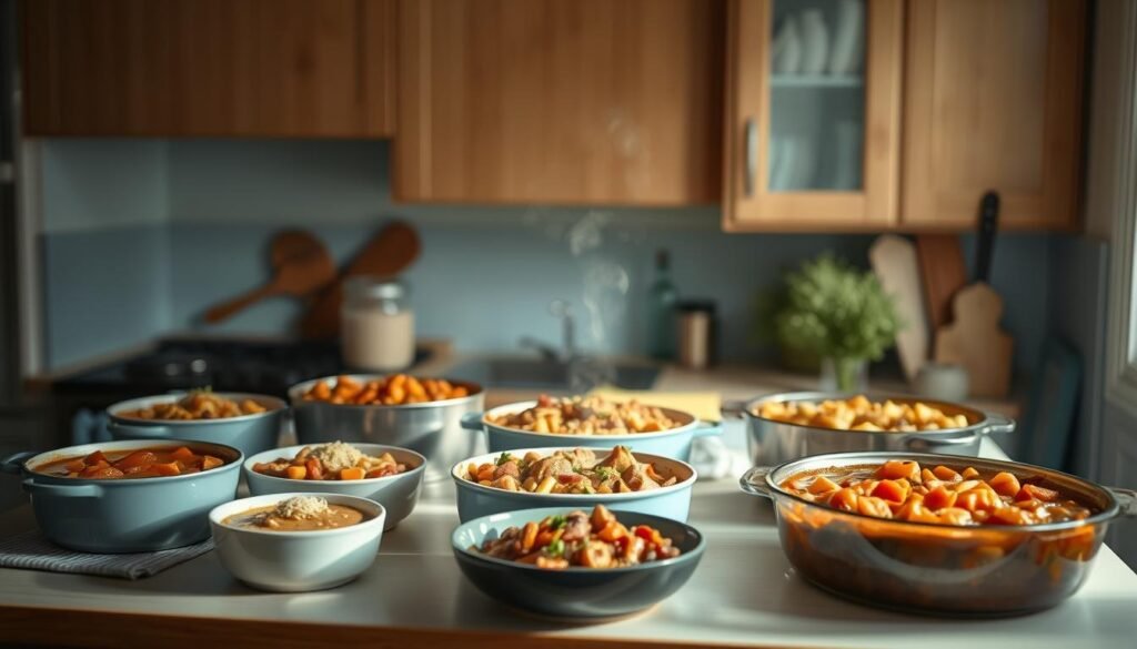 A cozy, minimal kitchen with warm wooden textures and light blue accents showcases an assortment of freezer-friendly dinner recipes. Hearty stews, casseroles, and one-pot meals are neatly arranged on a countertop, the steam gently rising from the dishes. The lighting is soft and inviting, casting a gentle glow over the scene. The camera angle is slightly elevated, allowing the viewer to take in the full display of delectable, time-saving dinner options. The atmosphere is one of effortless meal preparation and the promise of comforting, flavorful meals on even the busiest of nights.