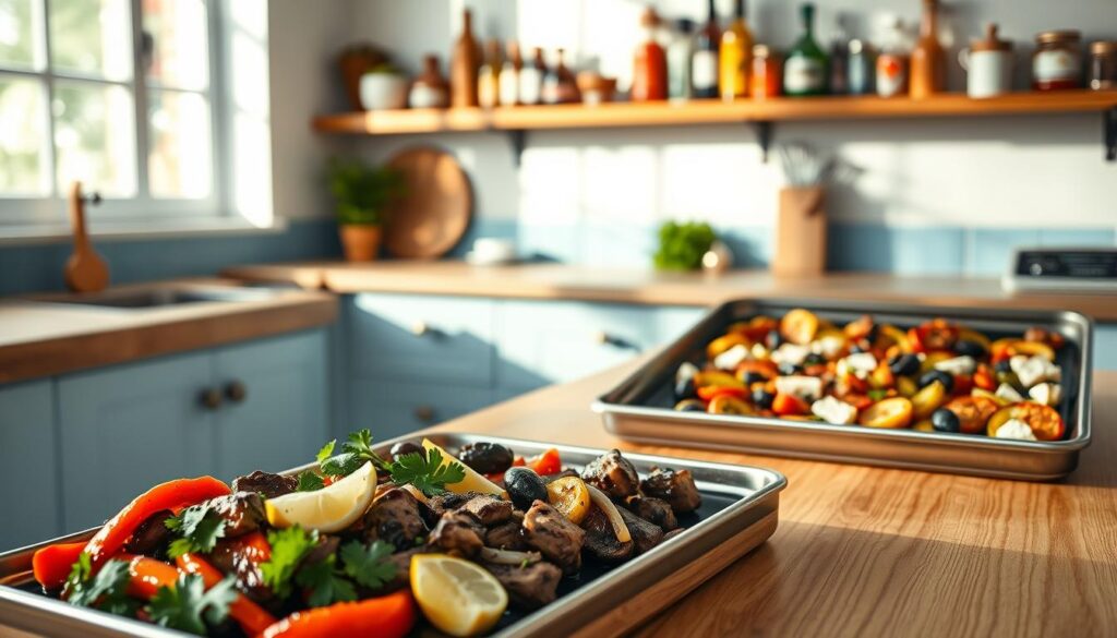 A cozy, minimal kitchen with warm wooden textures and light blue accents showcases an assortment of international sheet pan recipes. In the foreground, a vibrant fajita display features sizzling steak, peppers, and onions, complemented by fresh cilantro and lime wedges. In the middle ground, a Mediterranean-inspired tray presents roasted vegetables, feta, and pitted olives, evoking the flavors of the sun-drenched Mediterranean. The background subtly hints at additional culinary possibilities, with a variety of spices, herbs, and condiments lining the shelves, inviting the viewer to explore new culinary horizons. The scene is bathed in warm, natural lighting, capturing the comforting and inspiring atmosphere of a well-equipped kitchen ready to take on the world's flavors.