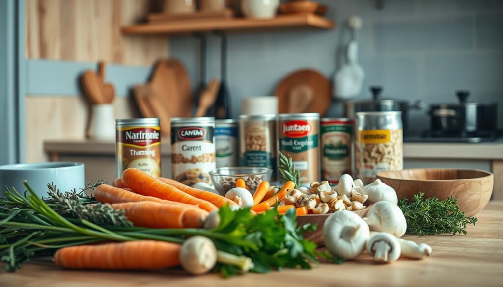 A cozy, minimal kitchen with warm wooden textures and light blue accents showcases an array of customizable soup ingredients. In the foreground, a selection of fresh vegetables - carrots, onions, celery, and mushrooms - are neatly arranged, inviting the viewer to imagine the flavors they could add to their soup. In the middle ground, various seasonings and herbs, such as thyme, rosemary, and bay leaves, are displayed alongside canned or dried pulses, grains, and proteins, allowing for personalization and versatility. The background features a few simmering pots, their steam hinting at the comforting aromas to come, set against a softly lit, natural-toned backdrop that evokes the cozy atmosphere of a winter's day.