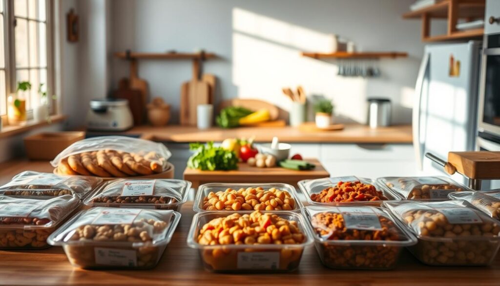 A cozy, minimal kitchen with warm wooden textures and light blue accents showcases an array of freezer meal recipes. In the foreground, various frozen dishes are displayed, their labels neatly organized and inviting. In the middle ground, fresh ingredients and kitchen tools suggest the preparation process. The background features a clean, uncluttered space, allowing the focus to remain on the delectable freezer meals. The scene is bathed in soft, natural lighting, creating a welcoming and appetizing atmosphere, perfect for illustrating the section on 