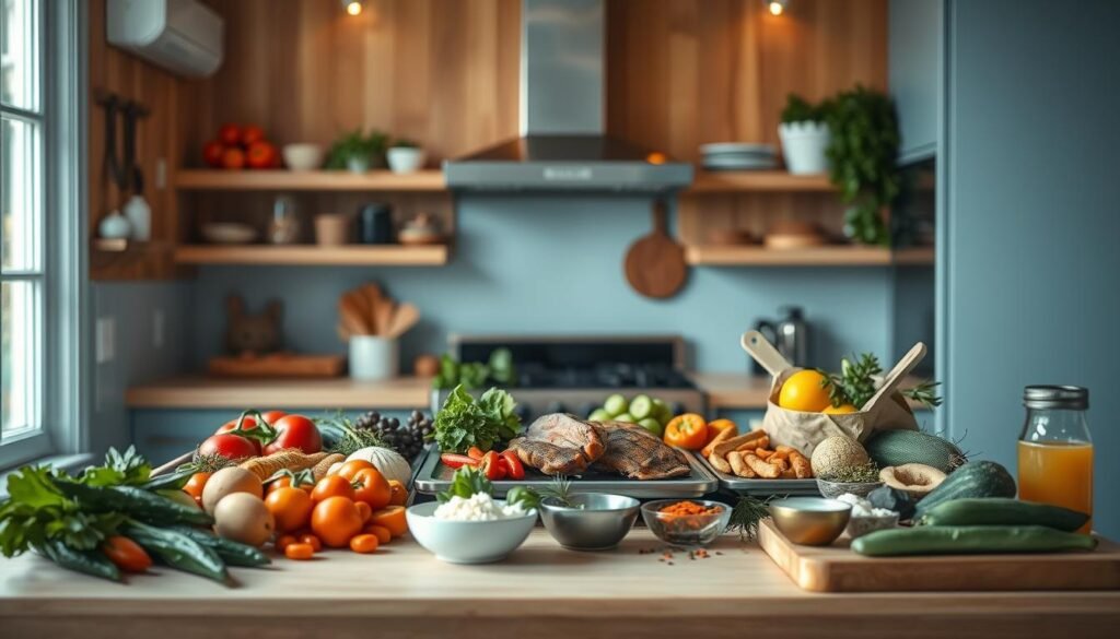 A cozy, minimal kitchen with warm wooden textures and light blue accents showcases an array of diverse sheet pan ingredients: vibrant vegetables, juicy meats, fragrant herbs, and intriguing spice blends. The arrangement exudes an inviting atmosphere, encouraging culinary experimentation and the creation of unique, flavorful sheet pan meals. Soft, diffused lighting casts a gentle glow, highlighting the textures and colors of the diverse ingredients. The image conveys a sense of culinary inspiration, where the possibilities for creative mix-and-match sheet pan dinners are endless.
