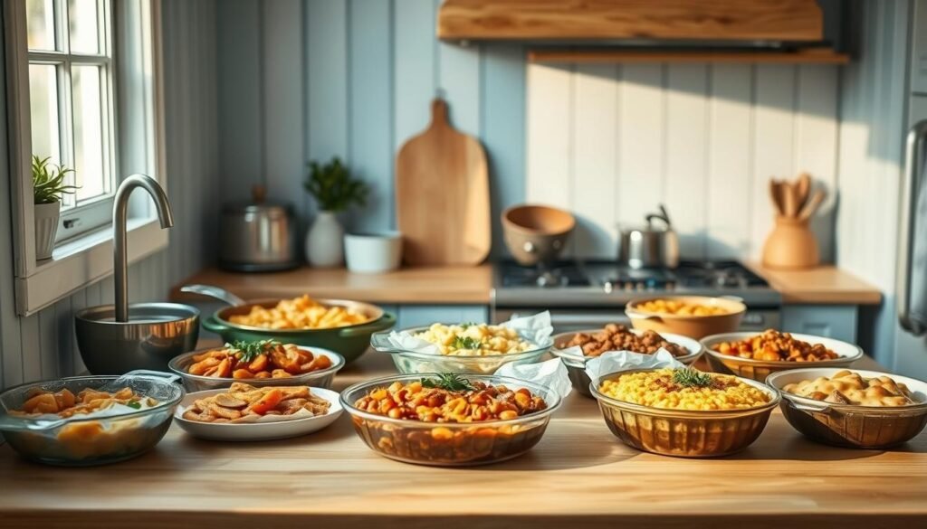 A cozy, minimal kitchen with warm wooden textures and light blue accents showcases an array of creative batch cooking recipes. On the countertop, various colorful dishes, from hearty casseroles to fragrant stews, are arranged in an appealing display. The soft, natural lighting casts a gentle glow, emphasizing the textures and colors of the carefully prepared meals. The overall atmosphere is one of comfort, inspiration, and a celebration of the joy of batch cooking. No hands are visible, allowing the focus to remain on the delectable dishes.