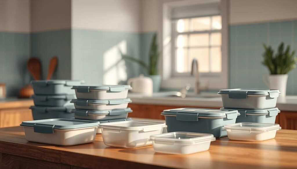 A cozy, minimal kitchen with warm wooden textures and light blue accents showcases an array of cost-effective meal containers. Sleek, modular lunch boxes made of durable, BPA-free plastic sit neatly on the counter, their lids sealed shut to prevent leaks. The natural lighting from a nearby window casts a soft glow, highlighting the clean, practical design of the containers. In the foreground, a mix of bento-style compartments and classic single-chamber boxes in various sizes and shapes suggest versatile, customizable meal prep solutions. The overall scene conveys a sense of organization, efficiency, and long-term value for busy professionals looking to save money and reduce food waste.