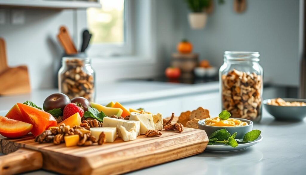 A cozy, minimal kitchen with warm wooden textures and light blue accents showcases an array of healthy snack options. A wooden cutting board features fresh fruit, sliced vegetables, roasted nuts, and artisanal cheeses. A glass jar filled with trail mix sits on the counter, accompanied by a plate of whole-grain crackers and a small bowl of hummus. The natural lighting casts a soft, inviting glow, creating a serene atmosphere perfect for a late-night snack during overtime work.