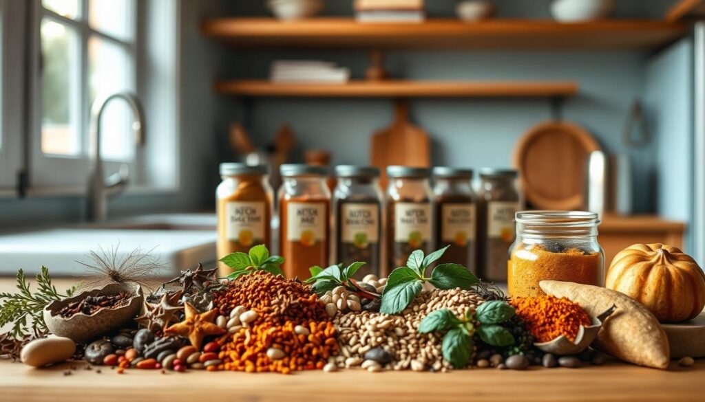A cozy, minimal kitchen with warm wooden textures and light blue accents showcases an array of global spice blends. In the foreground, an assortment of exotic spices, herbs, and seeds are arranged artfully, their vibrant colors and aromatic scents inviting culinary exploration. In the middle ground, several glass jars containing unique spice mixes from around the world catch the soft, natural light, their labels hinting at the flavors within. The background features a simple, uncluttered counter, allowing the spices to take center stage and inspire creative recipe ideas for global cuisine.
