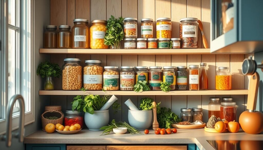 A cozy, minimal kitchen with warm wooden textures and light blue accents showcases an array of budget-friendly Mediterranean ingredients. Jars of olive oil, cans of chickpeas, bunches of fresh herbs, and colorful spices fill the pantry shelves, reflecting the vibrant flavors of the Mediterranean diet. The scene is bathed in soft, natural lighting, creating a serene and inviting atmosphere. A few simple kitchen tools, such as a mortar and pestle, hint at the homemade preparation of Mediterranean dishes. The image captures the essentials for crafting delicious, heart-healthy meals without breaking the bank.