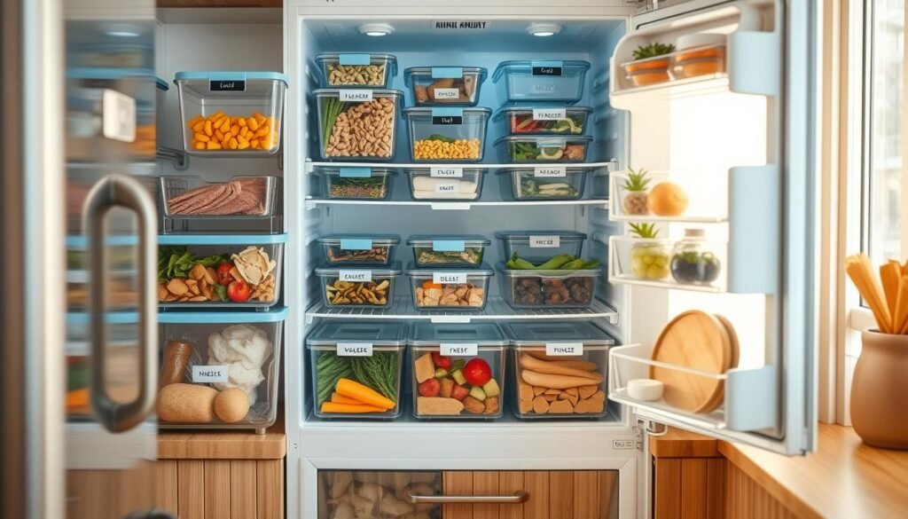 A cozy, minimal kitchen with warm wooden textures and light blue accents showcases an organized fridge storage system. Clear glass containers and labeled baskets hold a variety of pre-prepared no-heat meals, neatly arranged to ensure freshness. The soft, natural lighting casts a gentle glow, creating an inviting and efficient atmosphere for meal prepping. The layout is thoughtfully designed, with easy access to each component, inspiring the viewer to create their own nourishing no-heat lunches.