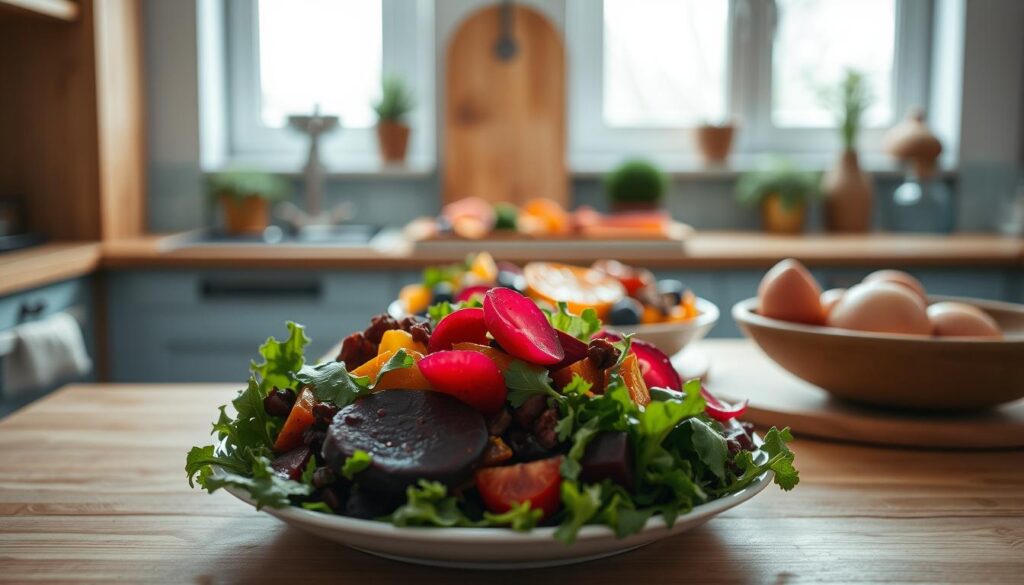 A cozy, minimal kitchen with warm wooden textures and light blue accents showcases carefully curated food items. In the foreground, a vibrant salad features a spectrum of hues, from the deep red of beets to the verdant greens of leafy greens, all artfully arranged to create a visually appealing composition. In the middle ground, a platter of colorful roasted vegetables, each piece strategically placed to accentuate its unique shape and tone. The background subtly frames the scene, with natural light filtering through large windows, casting a soft, inviting glow on the carefully crafted culinary display. The overall atmosphere exudes a sense of harmony, where color, texture, and composition work in concert to enhance the aesthetic appeal of the meal.