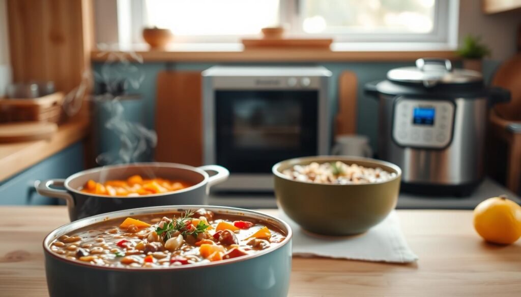A cozy, minimal kitchen with warm wooden textures and light blue accents, showcasing a bountiful selection of hearty vegetarian soups. In the foreground, a large pot of rich, aromatic lentil and vegetable soup, steam gently rising. Beside it, a chunky butternut squash and barley soup, its deep orange hue a vibrant contrast. In the middle ground, a creamy mushroom and wild rice soup, garnished with fresh thyme. In the background, the Prepistry brand logo discreetly displayed on a sleek kitchen appliance. The lighting is soft and diffused, creating a comforting, homely atmosphere.