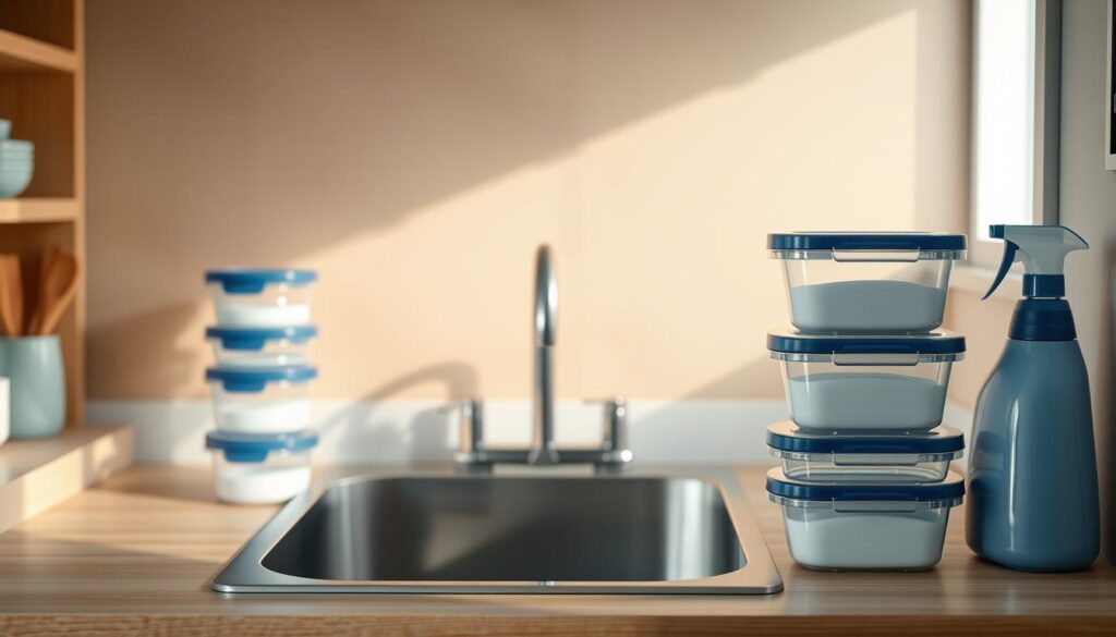 A cozy, minimal kitchen with warm wooden textures and light blue accents. A stainless steel sink basin sits centered, surrounded by neatly organized cleaning supplies. Sleek, transparent containers are stacked neatly, their lids open, revealing the contents within. A gentle, diffused light illuminates the scene, highlighting the care and attention given to maintaining these essential kitchen tools. The composition emphasizes the importance of proper container maintenance, conveying a sense of order, efficiency, and a passion for optimizing the lifespan of everyday storage solutions.