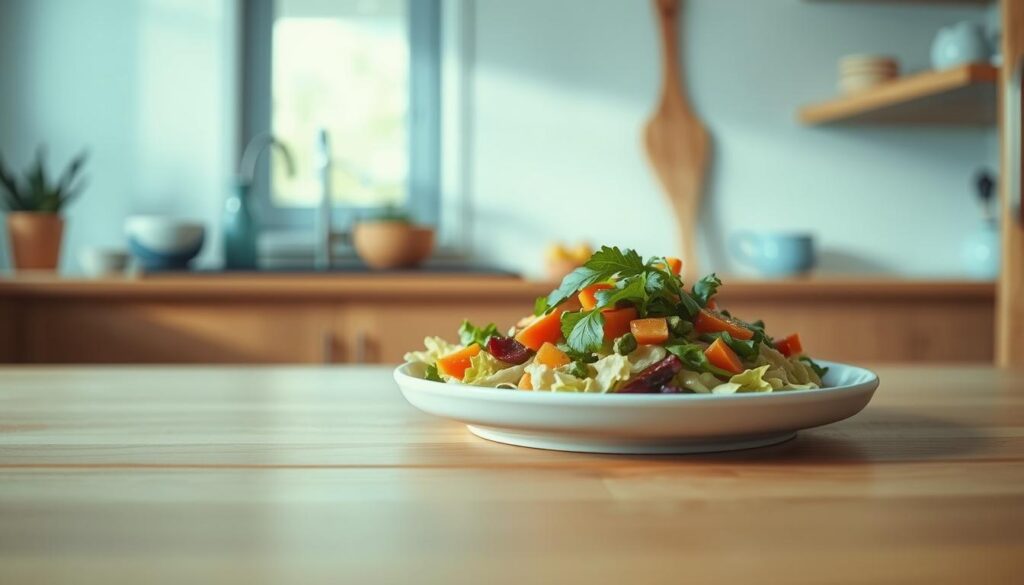 A cozy, minimal kitchen with warm wooden textures and light blue accents. A vibrant, fresh dish takes center stage on a simple wooden table, the ingredients carefully arranged to showcase their flavors. A soft, natural light filters in, casting a gentle glow and highlighting the dish's inviting appearance. The scene conveys a sense of effortless elegance, where the focus is on the pure, unadulterated taste of high-quality, thoughtfully selected ingredients. The overall mood is one of simplicity, mindfulness, and the celebration of honest, wholesome flavors.