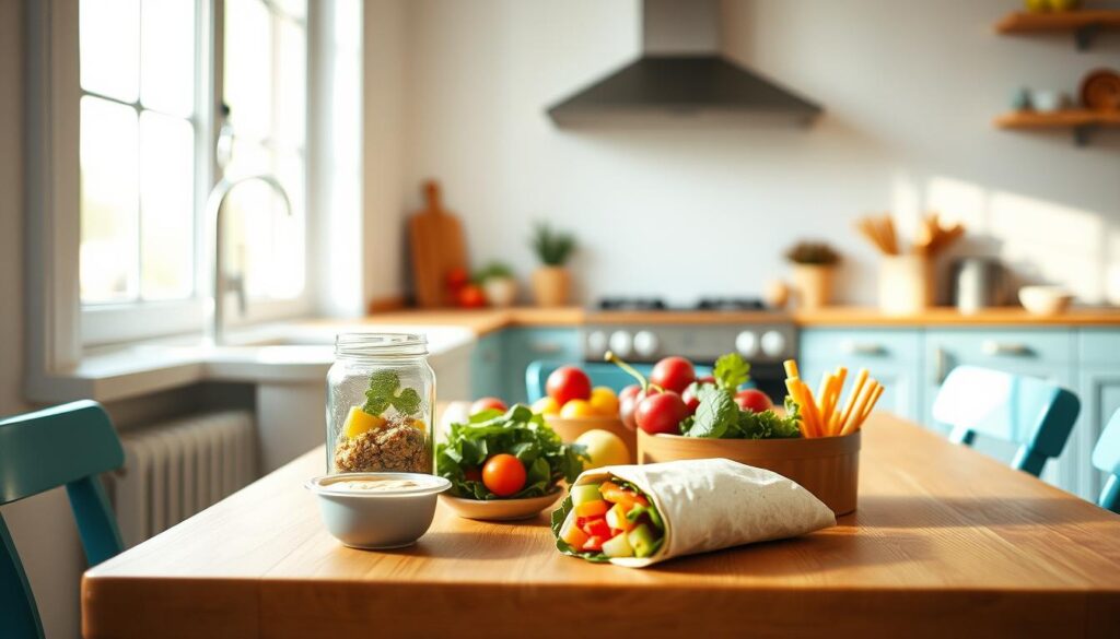 A cozy, minimal kitchen with warm wooden textures and light blue accents. A wooden table with a colorful, vibrant assortment of no-heat lunch items - a mason jar salad, fresh fruits, a quinoa and vegetable wrap, and a small container of hummus and carrot sticks. The table is illuminated by soft, natural lighting from a large window, casting a serene, inviting atmosphere. A sense of simplicity and ease pervades the scene, perfectly capturing the "Quick and Easy No Heat Meals for Busy Mornings" theme.