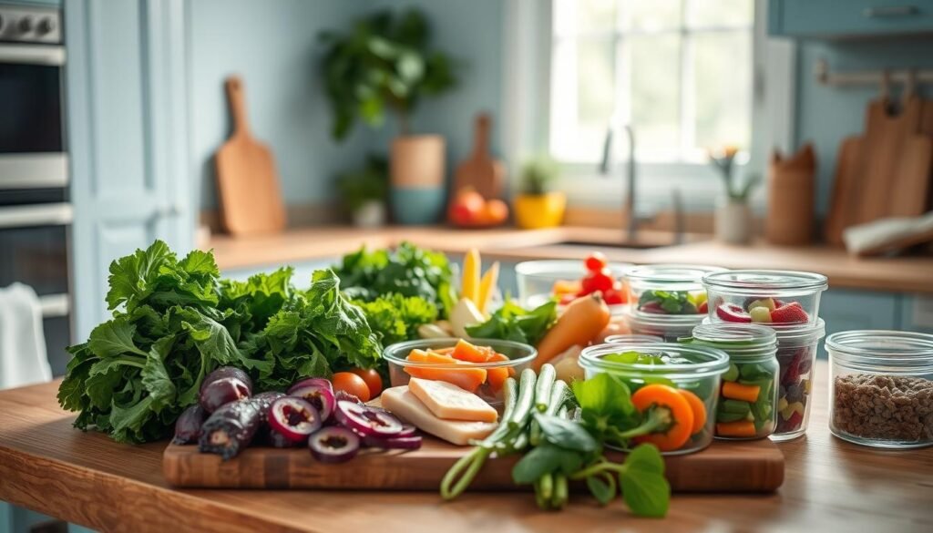 A cozy, minimal kitchen with warm wooden textures and light blue accents. An abundance of fresh, vibrant ingredients arranged neatly on a wooden cutting board - leafy greens, crisp vegetables, lean proteins, and glass containers filled with colorful, low-calorie meal prep options. Soft, diffused lighting from a large window illuminates the scene, creating a calming, inviting atmosphere. The camera angle is slightly elevated, capturing the scene from an eye-level perspective, emphasizing the careful curation and thoughtful preparation of these healthy, low-calorie meals for the busy workday.