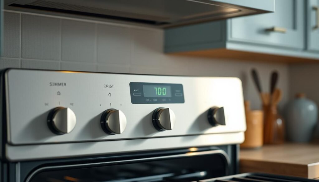 A cozy, minimal kitchen with warm wooden textures and light blue accents. An oven control panel takes center stage, its dials and displays clearly visible. The panel is backlit, casting a soft glow that illuminates the various temperature settings - from a low simmer to a high, crisp roast. The camera angles capture the precision and intricacy of the controls, highlighting their importance in achieving the perfect temperature for crispy, nutrient-rich vegetables. The scene conveys a sense of thoughtful preparation, with the oven's power and versatility ready to be harnessed for a delicious and healthy sheet pan dinner.