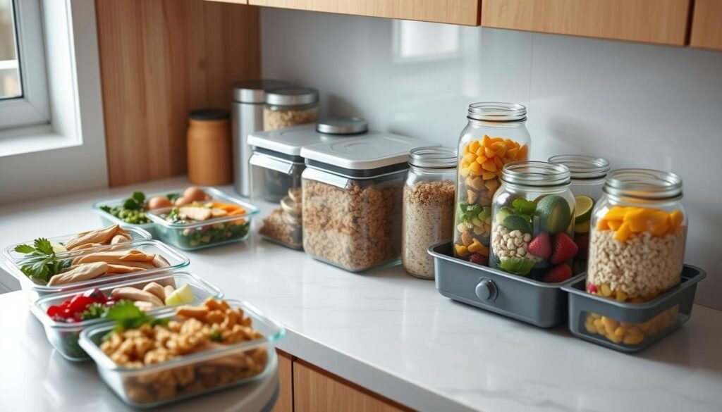 A cozy, minimal kitchen with warm wooden textures and light blue accents. Atop a sleek marble countertop, an array of meal prep containers neatly arranged, filled with freshly chopped vegetables, grilled chicken, and quinoa. A compact glass storage unit holds mason jars brimming with granola, overnight oats, and vibrant fruit salads. The soft, diffused lighting casts a gentle glow, creating an atmosphere of organization and efficiency. Crisp, high-angle shot captures the streamlined workflow, showcasing the benefits of a work-friendly meal prep routine.