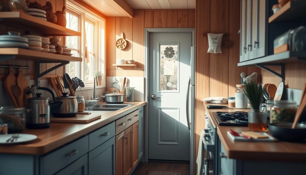 A cozy, minimal kitchen with warm wooden textures and light blue accents. Countertops are cluttered with various cooking tools and ingredients, highlighting the challenges of meal prepping in a small space. Narrow walkways, limited storage, and an overflowing pantry create a sense of confined yet inviting atmosphere. Soft, natural lighting from a nearby window casts gentle shadows, drawing attention to the creative problem-solving required to optimize workflow and organization. The scene conveys the determination and resourcefulness needed to turn a small kitchen into an efficient meal prep haven.