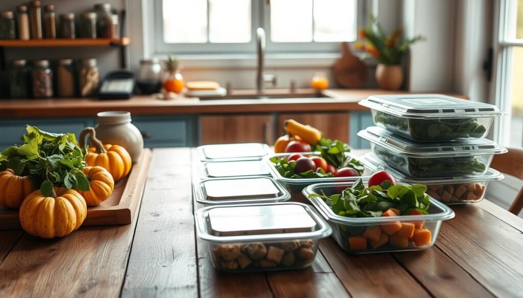 A cozy, minimal kitchen with warm wooden textures and light blue accents. Freshly harvested fall produce - vibrant squash, crisp apples, and hearty greens - arranged on a rustic wooden table. Jars of herbs and spices line the shelves, casting soft shadows. The scene is illuminated by natural light filtering through large windows, creating a serene atmosphere. Meal prep containers in various stages of assembly, transitioning from the bright colors of summer to the earthy tones of autumn. A sense of anticipation and preparation for the changing seasons, ready to fuel productive workdays with nourishing, seasonal meals.