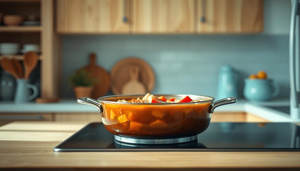 A cozy, minimal kitchen with warm wooden textures and light blue accents. In the center, a hearty, high-fiber tomato and bean soup simmers on the stovetop, its rich aroma filling the space. Chunks of juicy tomatoes and creamy beans float in the vibrant broth, which has been simmered to perfection. The scene is bathed in soft, natural lighting, creating a comforting and inviting atmosphere. The soup is the focal point, showcasing its nutritious and satisfying qualities, perfect for a nourishing cold-weather lunch.