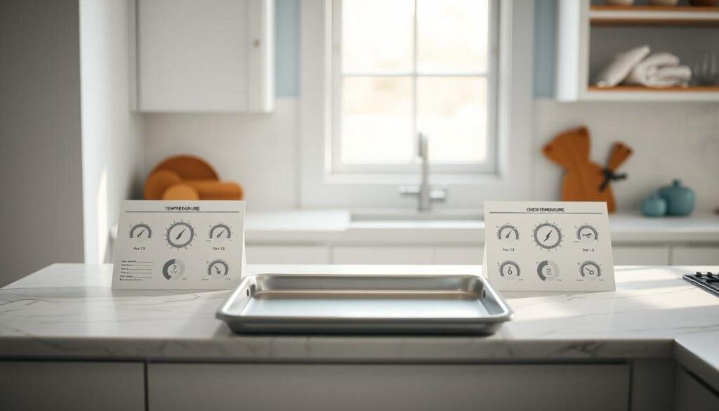 A cozy, minimal kitchen with warm wooden textures and light blue accents. In the center, a simple sheet pan sits on a marble countertop, surrounded by carefully arranged oven temperature guides - neatly organized charts, icons, and temperature scales in a clean, elegant layout. Soft, natural lighting from a nearby window creates gentle shadows, highlighting the details and inviting the viewer to explore the essential information for successful sheet pan dinner prep.