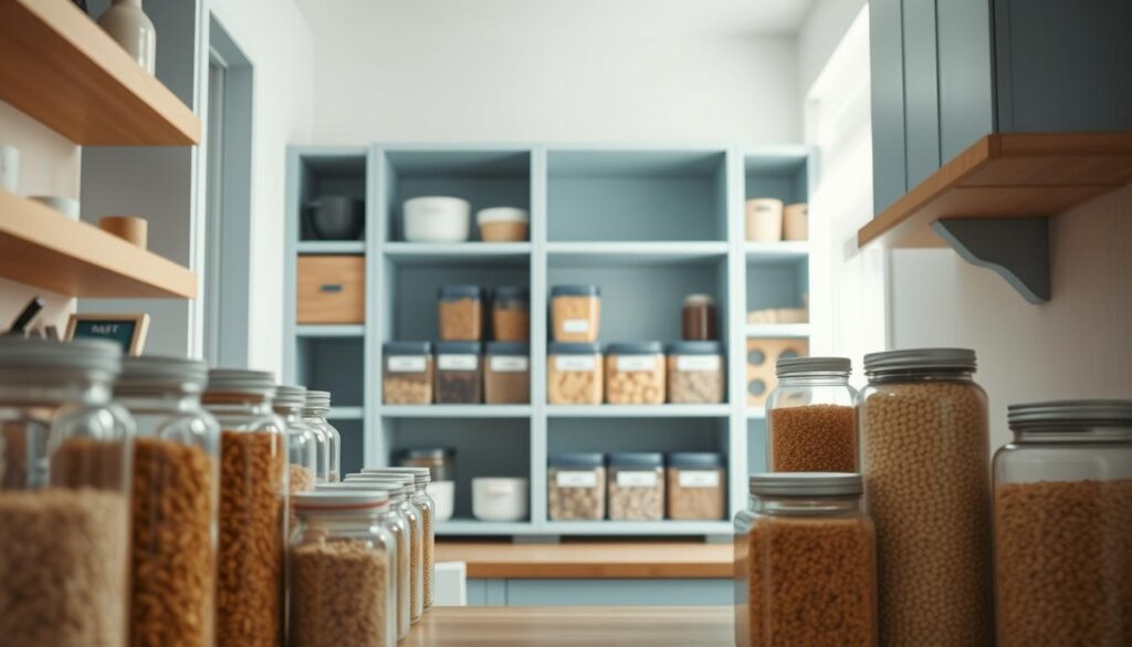A cozy, minimal kitchen with warm, wooden textures and light blue accents. In the foreground, rows of glass jars and airtight containers hold various grains, cereals, and legumes, meticulously organized for efficient meal prep. The middle ground showcases a clean, well-designed shelving system with labeled compartments, optimizing storage and accessibility. Soft, directional lighting from above creates a serene, functional atmosphere, highlighting the beauty of the streamlined, clutter-free kitchen organization. The scene conveys a sense of order, efficiency, and a thoughtful approach to maintaining a well-stocked, versatile pantry.