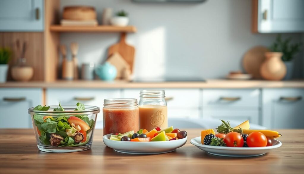 A cozy, minimal kitchen with warm, wooden textures and light blue accents. In the foreground, an assortment of nutrient-packed cold lunch items arranged artfully: a glass container filled with a vibrant salad, a mason jar brimming with a colorful smoothie, and a small plate showcasing a variety of fresh fruits and vegetables. The middle ground features a simple, clean-lined table, inviting the viewer to sit and enjoy this nourishing, plant-based feast. Soft, natural lighting gently illuminates the scene, creating a calming, inviting atmosphere that embodies the spirit of embracing nutrient-packed cold lunch recipes for a balanced, energizing day.