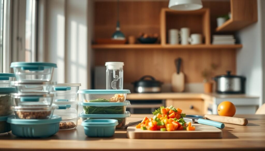 A cozy, minimal kitchen with warm wooden textures and light blue accents. In the foreground, various meal prep containers and tools are neatly arranged, showcasing efficient time-saving techniques. The middle ground features a cutting board with chopped vegetables, a blender, and a slow cooker, hinting at the versatility of small-space meal prep. The background has clean countertops and open shelving, creating a sense of organized productivity. The lighting is soft and natural, illuminating the scene with a calming atmosphere.