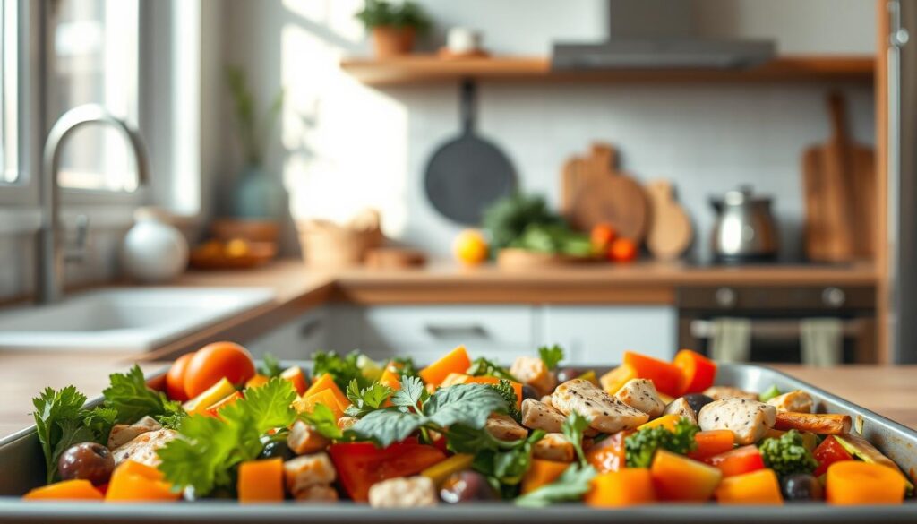 A cozy, minimal kitchen with warm, wooden textures and light blue accents. In the foreground, an array of fresh, vibrant vegetables and protein-rich ingredients neatly arranged on a sheet pan, their colors and textures hinting at the flavorful one-pan meal to come. The middle ground features a clean, uncluttered countertop, while the background is softly lit, creating a sense of calm and efficiency. The overall scene conveys the benefits of one-pan meals - easy preparation, minimal cleanup, and the ability to pack in diverse, nourishing flavors for busy weeknights.