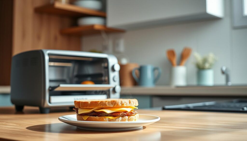 A cozy, minimal kitchen with warm wooden textures and light blue accents. In the foreground, a breakfast sandwich sits on a white plate, steam gently rising as it is carefully reheated using a small, sleek convection oven. Soft, diffused lighting illuminates the scene, casting gentle shadows and highlighting the delicate balance of ingredients - fluffy eggs, melted cheese, and crisp, savory sausage or bacon. The overall atmosphere conveys a sense of effortless, stress-free morning routine, setting the stage for a delightful gourmet breakfast experience.