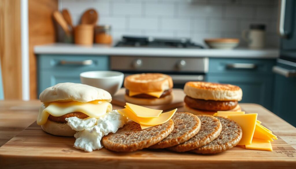 A cozy, minimal kitchen with warm wooden textures and light blue accents. In the foreground, a range of breakfast sandwich ingredients are neatly arranged on a wooden cutting board - fluffy eggs, savory sausage patties, melty cheese slices, and toasted English muffins. In the middle ground, a clean work surface with a sharp knife and small bowls for assembly. Soft, even lighting illuminates the scene, casting gentle shadows. The atmosphere is one of organization and efficiency, inviting the viewer to follow along and prepare their own delicious freezer-friendly breakfast sandwiches.
