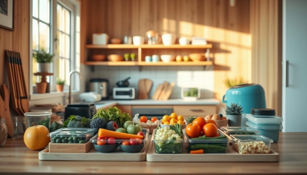 A cozy, minimal kitchen with warm wooden textures and light blue accents. In the foreground, a neatly arranged sustainable meal prep with various fresh ingredients, reusable containers, and compact kitchen appliances. The middle ground features organized shelves and storage solutions, emphasizing efficiency and eco-consciousness. Soft, natural lighting filters through the window, creating a tranquil atmosphere. The overall scene conveys the benefits of sustainable meal prepping, such as reduced food waste, mindful ingredient selection, and a calming, organized workspace.