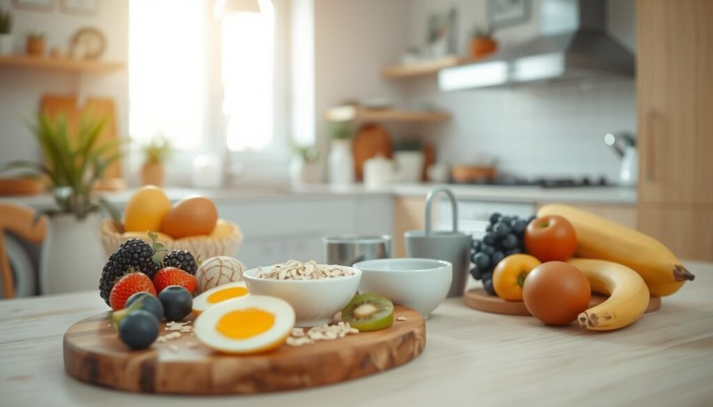 A cozy, minimal kitchen with warm wooden textures and light blue accents. In the foreground, a collection of simple, nutritious breakfast ingredients - fresh fruits, oats, yogurt, eggs - arranged artfully on a wooden cutting board. In the middle, a few small bowls and glasses, hinting at quick, easy-to-prepare recipes. The background features a clean, tidy countertop and a bright window, creating a sense of natural light and tranquility. The overall atmosphere is one of efficiency, healthfulness, and a calm start to the school day.