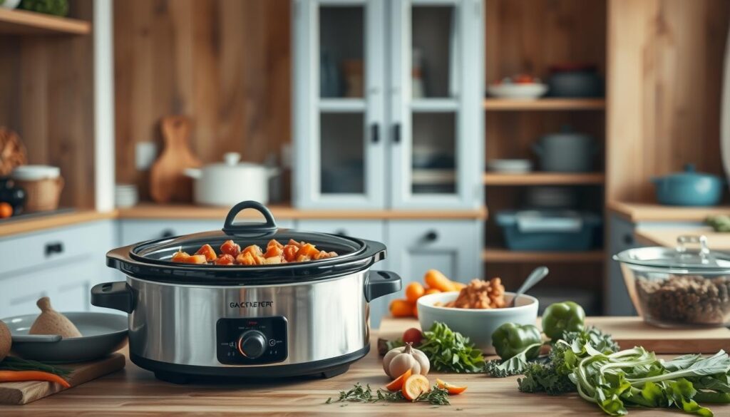 A cozy, minimal kitchen with warm wooden textures and light blue accents. In the foreground, a gleaming slow cooker filled with a savory batch meal, the aroma wafting through the air. Alongside, freshly chopped vegetables and herbs await their turn. In the middle ground, various baking dishes and casserole pots hint at the culinary possibilities, while the background showcases a well-stocked pantry, ready to supply the essentials for effortless batch cooking. The lighting is soft and natural, casting a gentle glow over the scene, inviting the viewer to imagine the nourishing, comforting meals that will emerge from this efficient, time-saving setup.