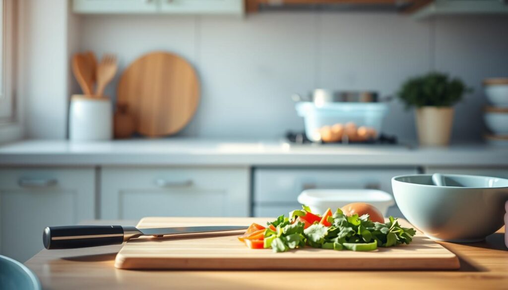 A cozy, minimal kitchen with warm wooden textures and light blue accents. In the foreground, a cutting board with freshly chopped vegetables, a knife, and a mixing bowl. Behind it, a stove with a simmering pot, and a meal prep container ready to be filled. Soft, natural lighting filters in through a window, casting a gentle glow across the scene. The atmosphere is calm and organized, reflecting the efficiency and ease of a 30-minute meal prep revolution.