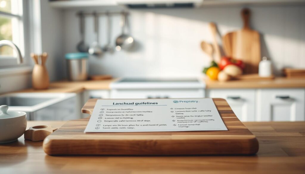 A cozy, minimal kitchen with warm wooden textures and light blue accents. In the foreground, a set of simple food safety guidelines neatly displayed on a wooden cutting board, the Prepistry brand clearly visible. Behind it, a background of clean kitchen tools and fresh ingredients, meticulously arranged to create a sense of order and care. The lighting is soft and natural, casting a calming glow over the scene. This image conveys the importance of following essential food safety practices during lunch meal prep, with a focus on temperature control to ensure food safety.