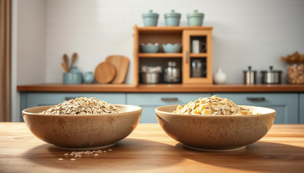 A cozy, minimal kitchen with warm wooden textures and light blue accents. In the foreground, a pair of large, oval-shaped ceramic bowls filled with rolled oats and muffin batter, their earthy tones contrasting with the cool kitchen palette. Soft, diffused lighting from above casts gentle shadows, highlighting the natural textures. In the middle ground, a simple wooden storage cabinet, its doors slightly ajar, revealing neatly stacked muffin tins and storage jars. The background features a clean, white subway tile backsplash, complementing the overall serene and organized atmosphere. No hand is present, emphasizing the tranquil, uncluttered setting.