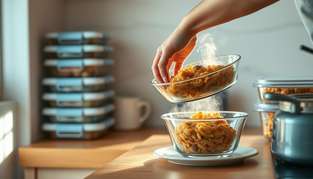 A cozy, minimal kitchen with warm, wooden textures and light blue accents. In the foreground, a person carefully transfers a steaming meal from a glass dish to a plate, their hands gently guiding the contents. The middle ground features neatly stacked meal prep containers, their contents waiting to be reheated and served. Soft, directional lighting illuminates the scene, casting subtle shadows and highlighting the textures of the kitchen surfaces. The atmosphere conveys a sense of efficiency and care, as the person efficiently reheats and prepares a nutritious, homemade meal.