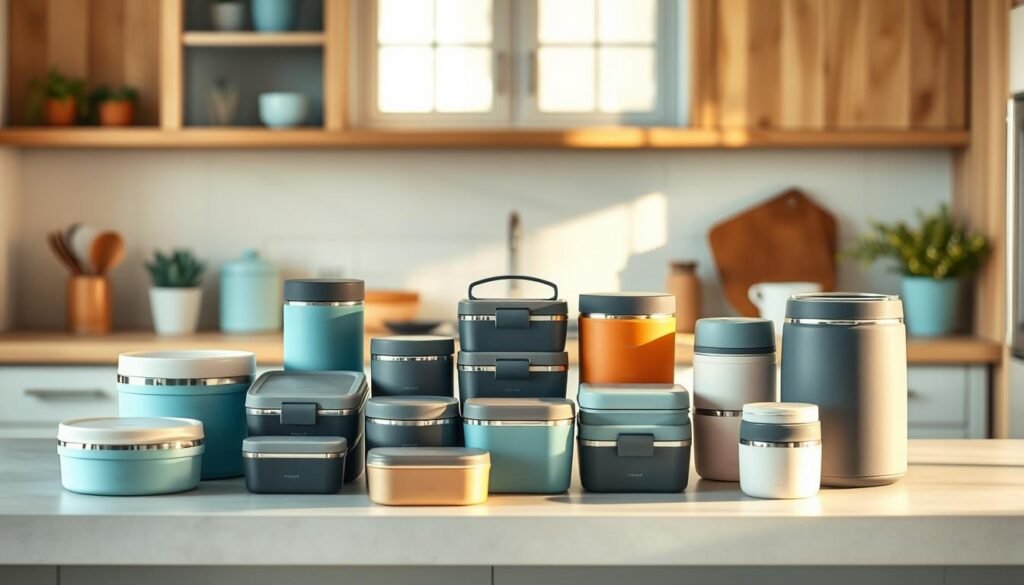 A cozy, minimal kitchen with warm wooden textures and light blue accents. In the foreground, an array of diverse insulated lunch containers in various shapes and sizes are carefully arranged on a clean, uncluttered countertop. The containers feature matte finishes, sleek silhouettes, and subtle branding. Soft, natural lighting illuminates the scene, casting gentle shadows and highlighting the containers' materials and details. The overall mood is one of thoughtful consideration, as the viewer contemplates the process of choosing the perfect insulated container for their needs.