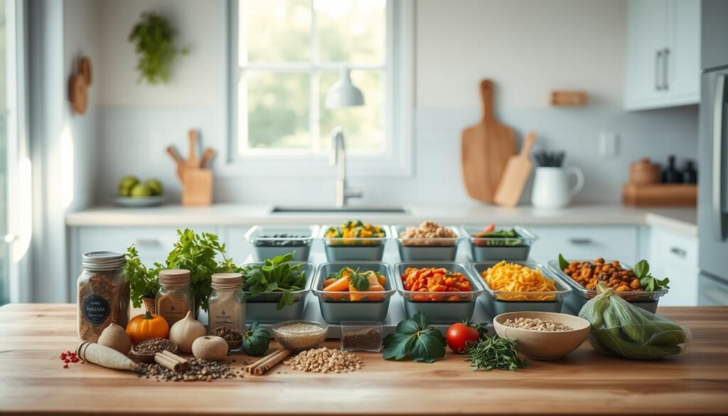 A cozy, minimal kitchen with warm wooden textures and light blue accents. In the foreground, an assortment of globally-inspired ingredients and seasonings, neatly arranged - fragrant spices, fresh herbs, colorful vegetables, and various grains. In the middle ground, a set of clean, minimalist meal prep containers, each holding a different flavorful dish - aromatic curries, vibrant salads, hearty stews. The background features a large window, letting in soft, natural light that casts a serene glow over the scene. No hands, only the results of a thoughtful, multicultural culinary exploration.