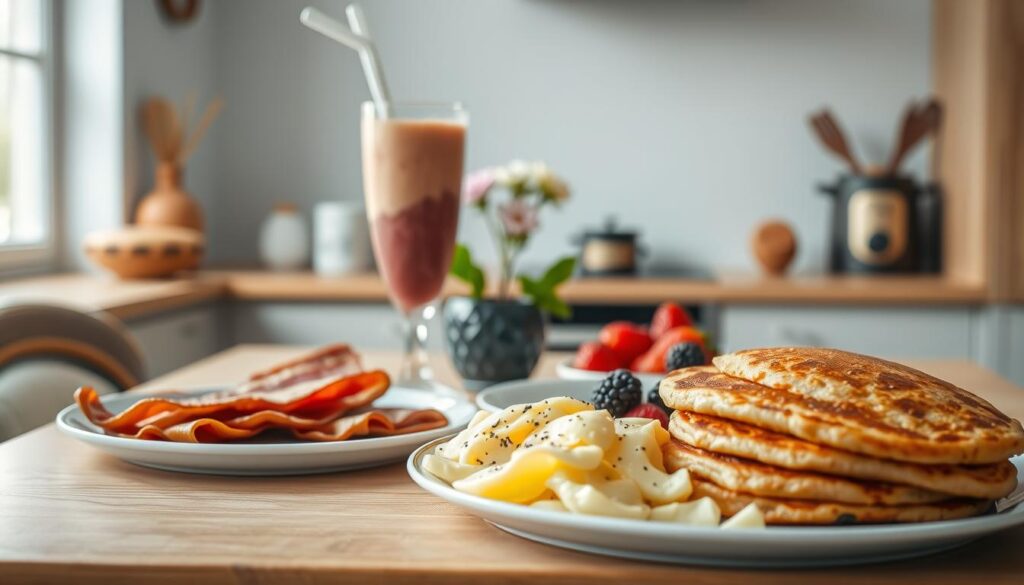 A cozy, minimal kitchen with warm wooden textures and light blue accents. In the foreground, an assortment of protein-rich breakfast options: fluffy scrambled eggs, crisp turkey bacon, juicy grilled chicken, and a stack of nutty whole-grain pancakes. In the middle ground, a glass of refreshing smoothie made with Greek yogurt, berries, and a sprinkle of chia seeds. The background features a simple, elegant table setting, with a small vase of fresh flowers adding a touch of natural beauty. Soft, natural lighting illuminates the scene, creating a calm, inviting atmosphere.